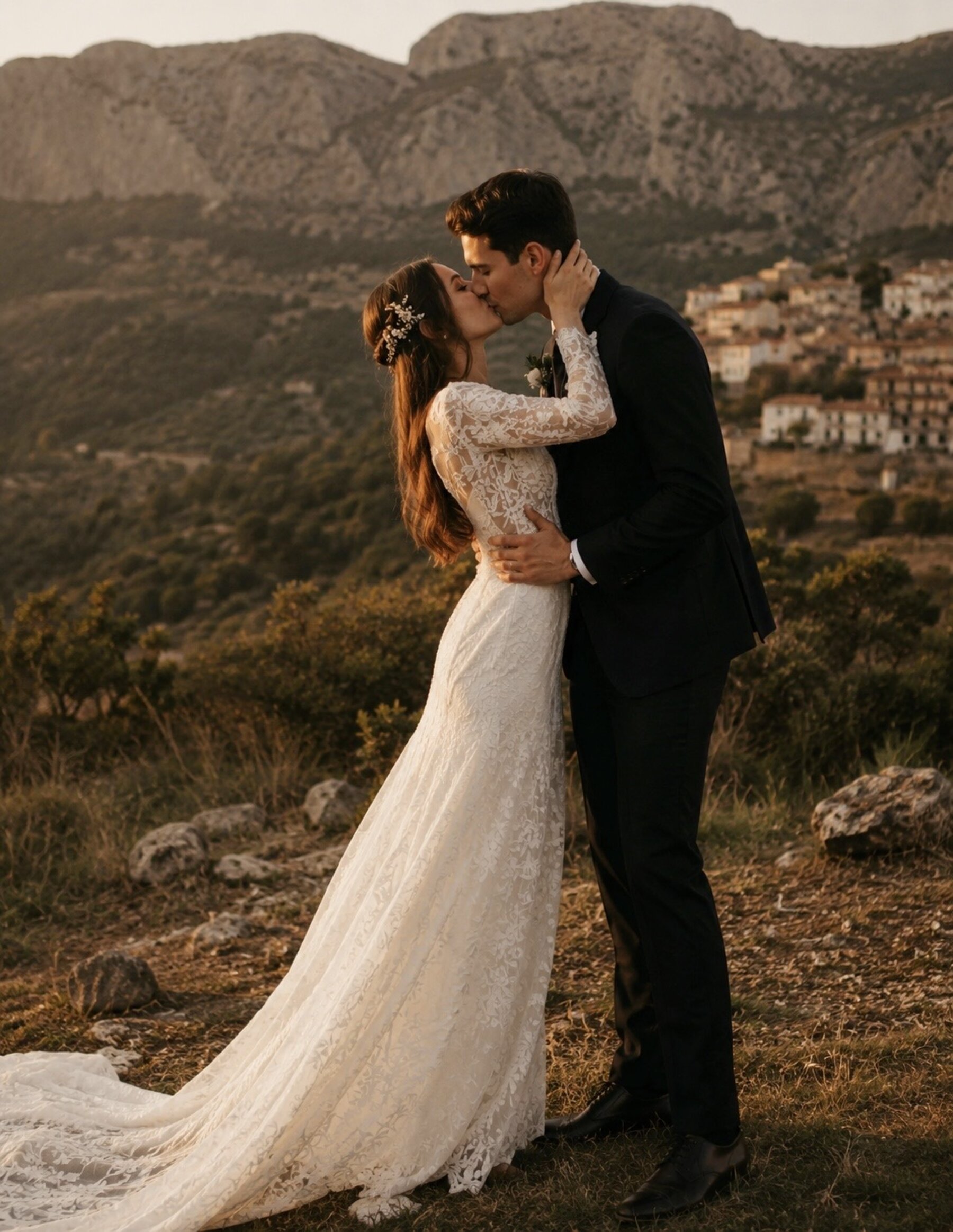 Bride and groom kissing at golden hour above a mountain village
